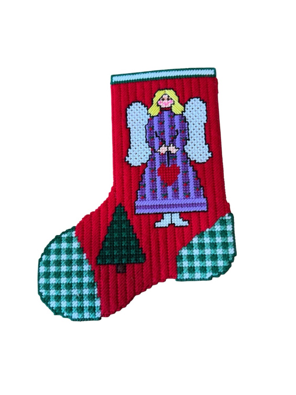 Vtg Handmade Christmas Stocking Needlepoint on Plastic Canvas Angel